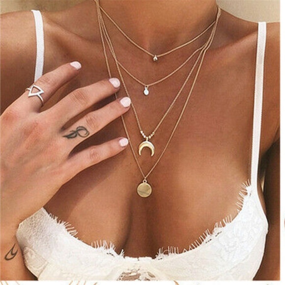 Jewelry - Boho Moon Coin Multilayer Chain Pendant Necklace